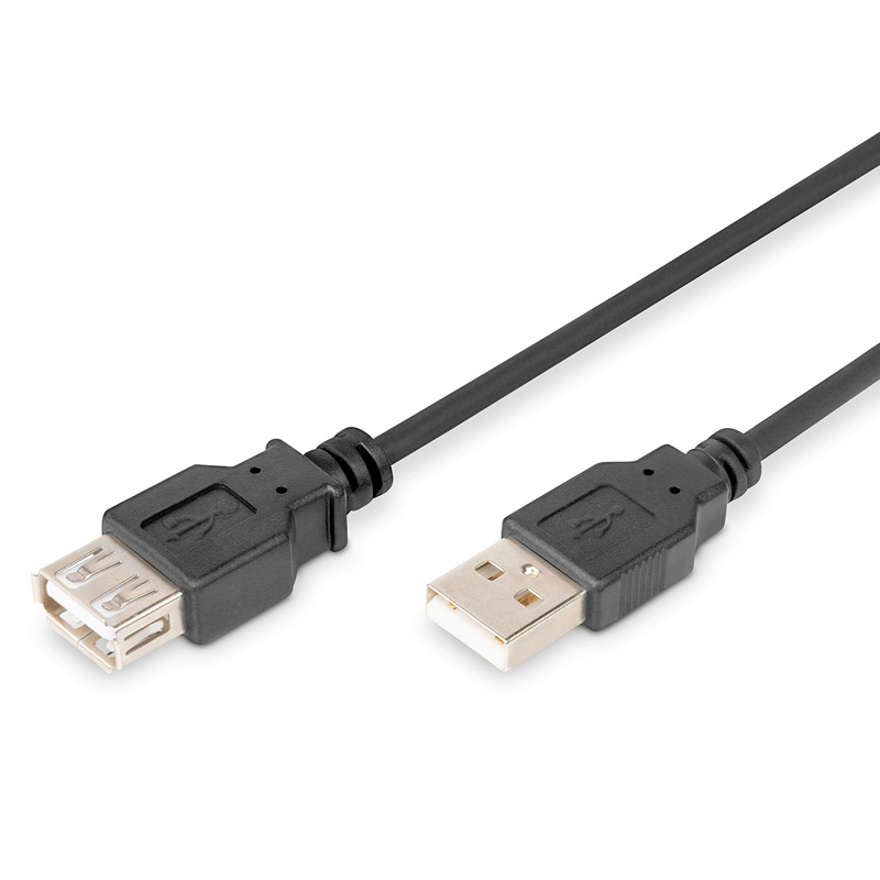 Black 1m USB 2.0 A to A extension cable featuring a male connector on one end and a female connector on the other, made of durable plastic.