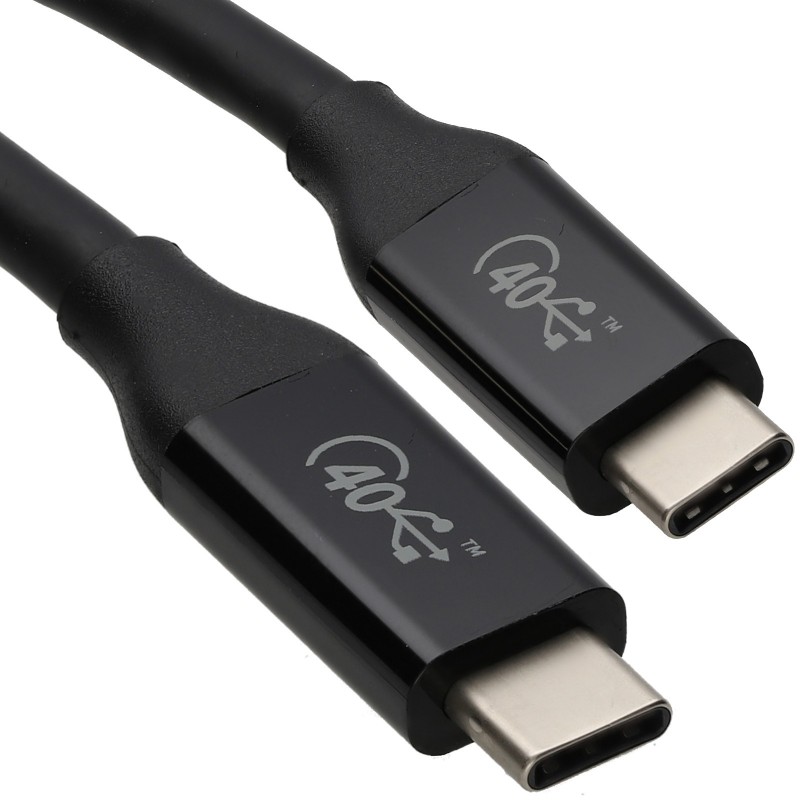 Black USB 4.0 C-to-C cable, 1 meter long, featuring a glossy finish with a 40Gbps logo on both connectors, designed for high-speed data transfer and power delivery.