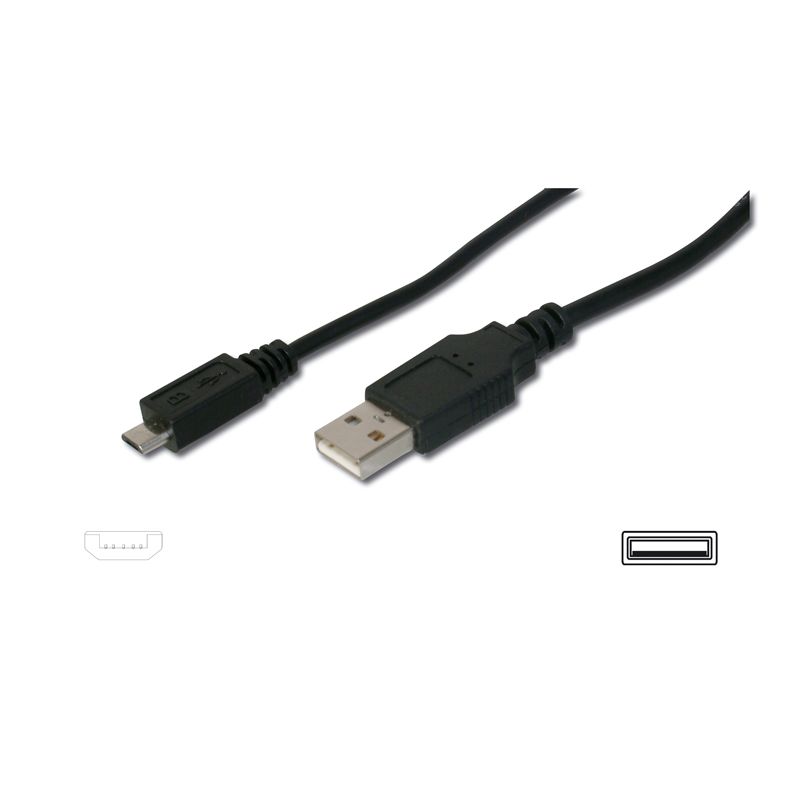 Black 1m USB A male to USB Micro B male cable with plastic connectors, designed for data transfer and charging devices.