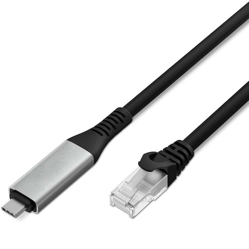 Black USB-C to Gigabit Ethernet RJ45 cable with a silver connector on one end and a clear plastic RJ45 connector on the other, designed for high-speed data transfer.