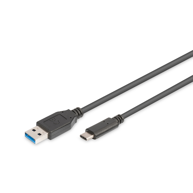 Black 1m USB-C to USB-A adaptor cable featuring a USB-A connector with blue accents and a sleek USB-C end, made of durable plastic material.