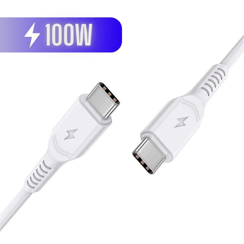 White USB-C to USB-C charging cable, 2 meters long, featuring a sleek design with a lightning bolt symbol, capable of delivering 100W power delivery.
