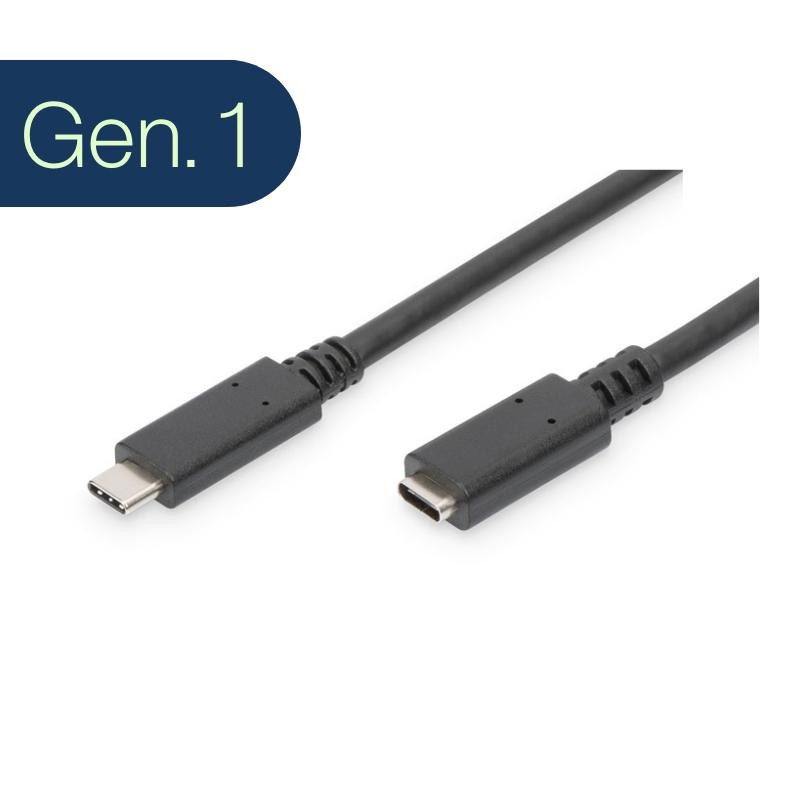 Black 1m USB Type C male to female extension cable with a smooth plastic finish, featuring Gen. 1 labeling on a blue background.