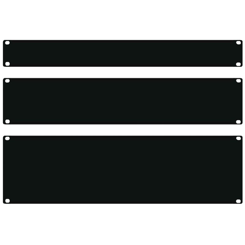 Black 1U blanking plates made of metal, featuring three plates with rounded corners and multiple mounting holes for easy installation in a 19-inch rack.