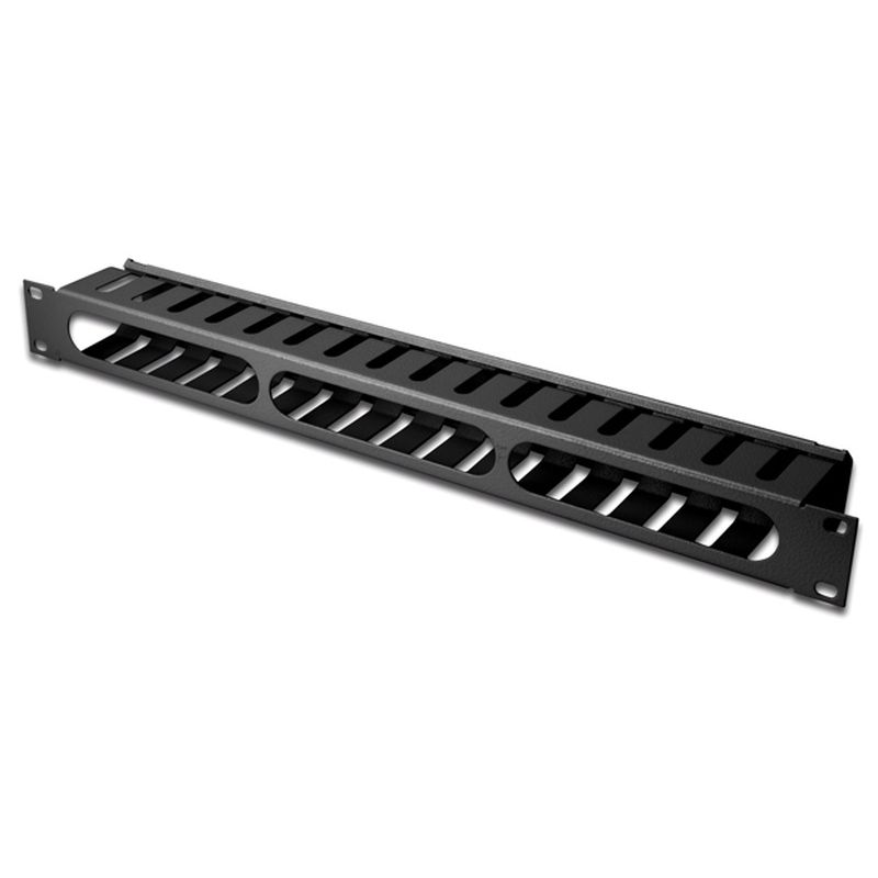 Black 1U 19-inch dump panel cable management cage with multiple ventilation slots, made of durable metal for organizing and securing cables in server racks.