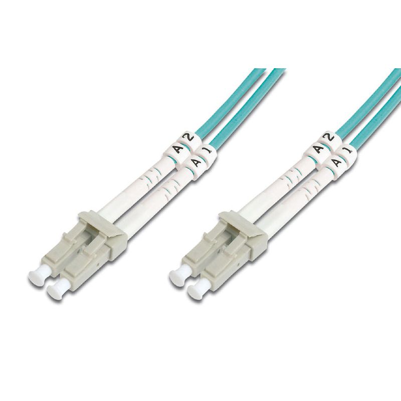 Aqua 2.8mm fibre optic cable featuring LC-LC connectors, with white connector housings and labeled ends for easy identification, designed for high-speed data transmission.