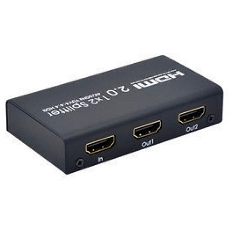 Black metal HDMI splitter with two output ports labeled "Out1" and "Out2," and one input port labeled "In," supporting 4K at 60Hz and 3D video.