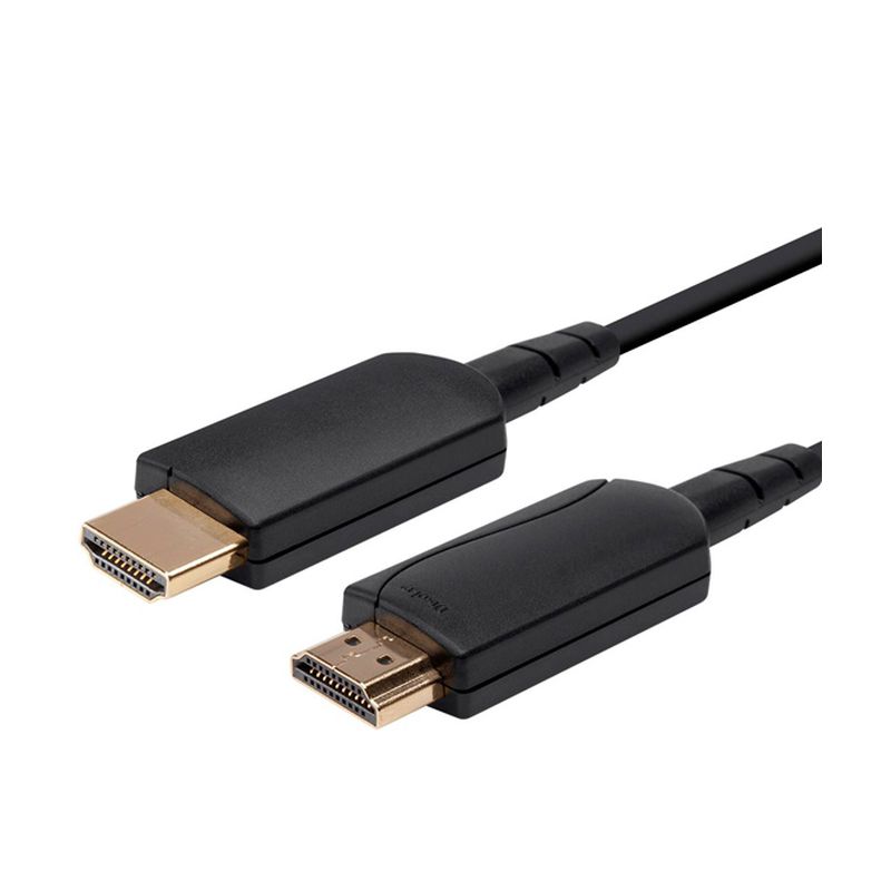 Black HDMI 2.0 AOC cable, 20 meters long, featuring gold-plated connectors on both ends for enhanced signal quality, designed for 4K resolution at 60Hz.