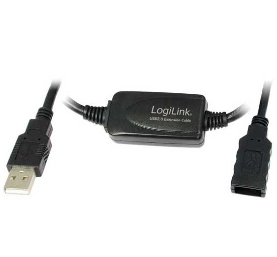 Black 25m USB 2.0 repeater extension cable featuring a male USB connector on one end and a female USB connector on the other, with a small inline booster.