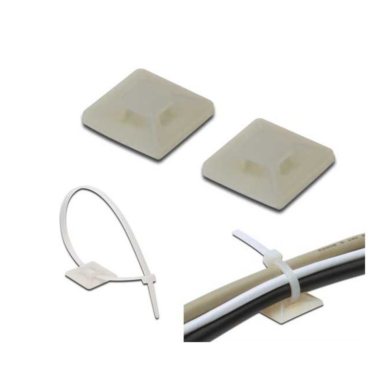 Self-adhesive cable tie mounts in a light beige color, square shape, measuring 28x28mm, with two mounts and a cable tie shown, ideal for organizing cables.