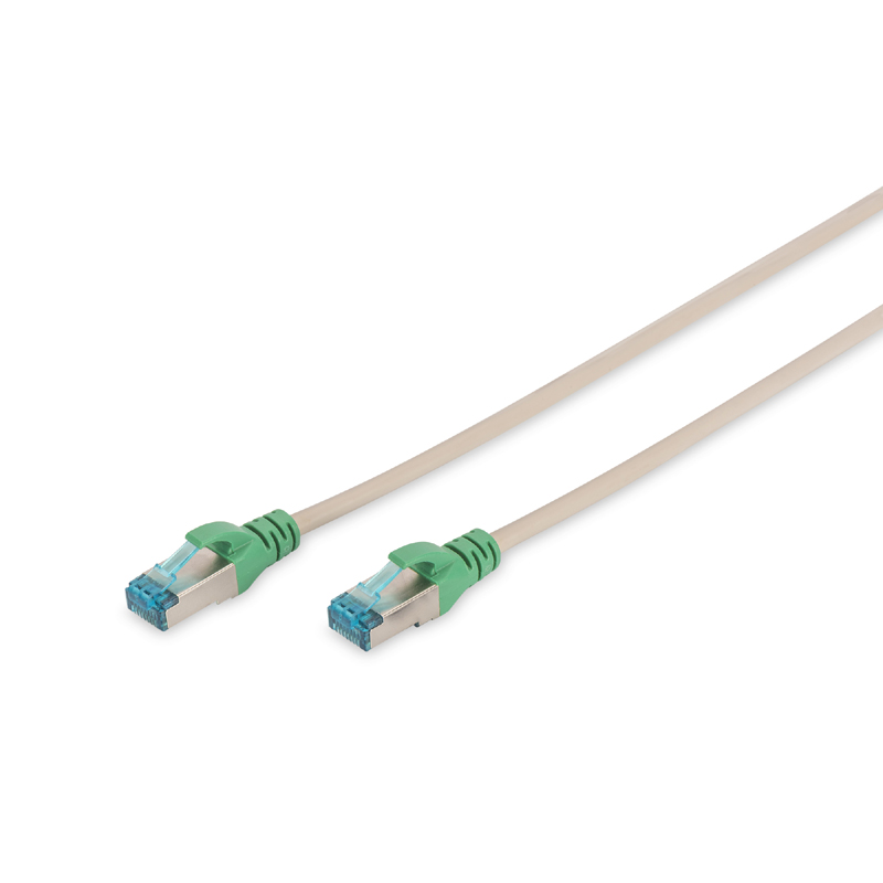Grey 2m Cat.6 UTP LSZH crossover cable with green connectors featuring clear plastic ends for secure Ethernet connections.