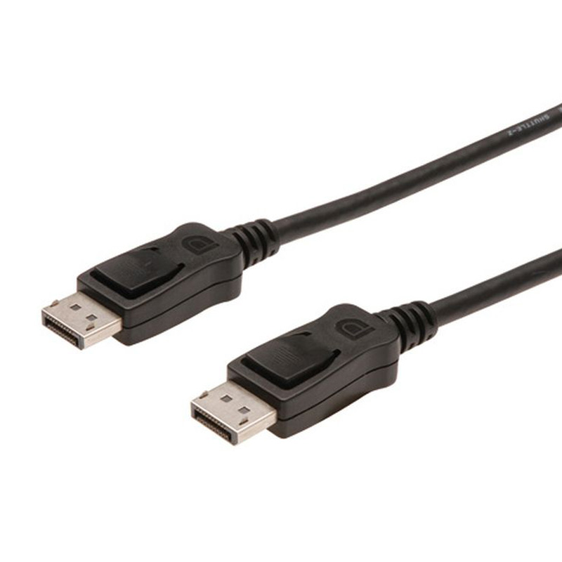 Black 2-meter Display Port V1.4 connection cable with male connectors on both ends, featuring a sturdy design and locking mechanism for secure connections.