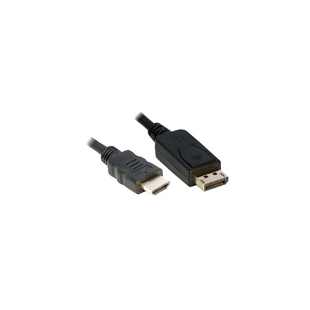 Black FDL 2M DisplayPort 1.2a to HDMI cable with metal connectors, featuring a DisplayPort connector on one end and an HDMI connector on the other.
