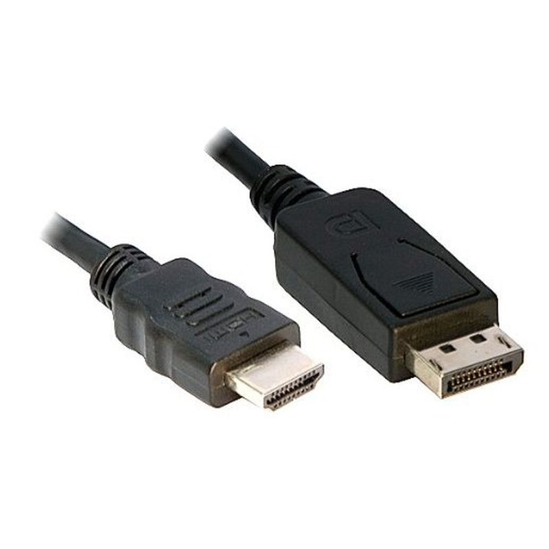 Black 2m DisplayPort 1.4 to HDMI 2.1 cable with active connectors, featuring a textured grip on the DisplayPort end and a standard HDMI connector.