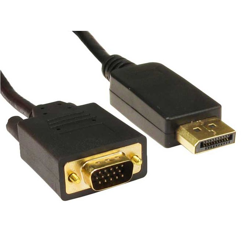 Black 2m DisplayPort to VGA adaptor cable with gold-plated connectors, featuring a rectangular DisplayPort end and a 15-pin VGA end, designed for video signal conversion.