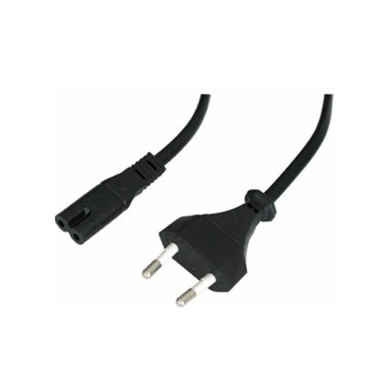 Black 2-meter cable with a European mains plug on one end and a C7 figure 8 socket on the other, featuring a durable plastic construction.