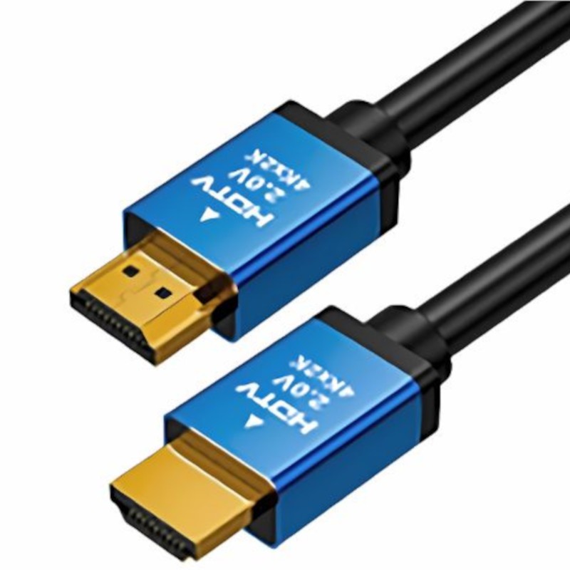 Black HDMI 2.0 cable, 2 meters long, features gold-plated connectors with a blue and black casing, designed for high-speed data transfer and Ethernet connectivity.