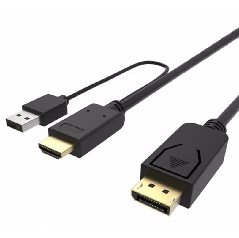 Black 2-meter HDMI to DisplayPort cable with gold-plated connectors, featuring a male HDMI end and a male DisplayPort end, designed for high-definition video and audio transmission.
