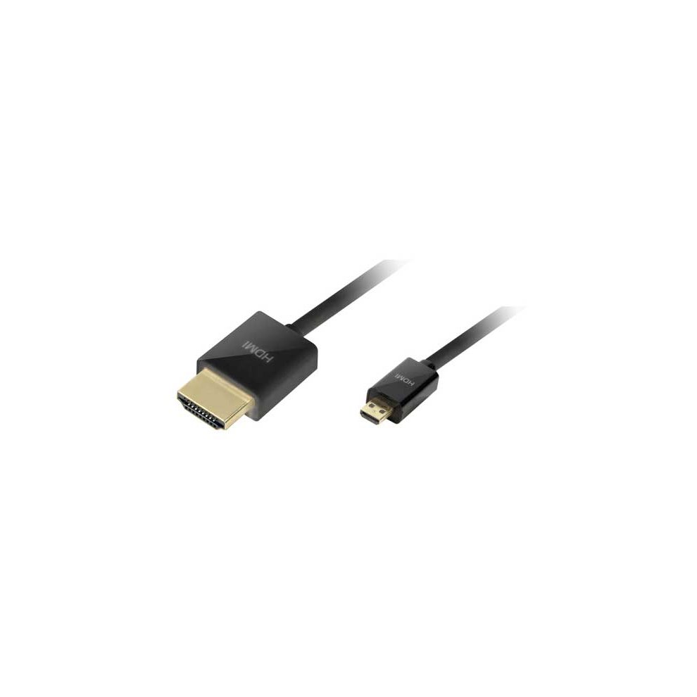 Black 2m micro HDMI D plug to HDMI A plug cable with gold-plated connectors, designed for high-definition video and audio transmission.