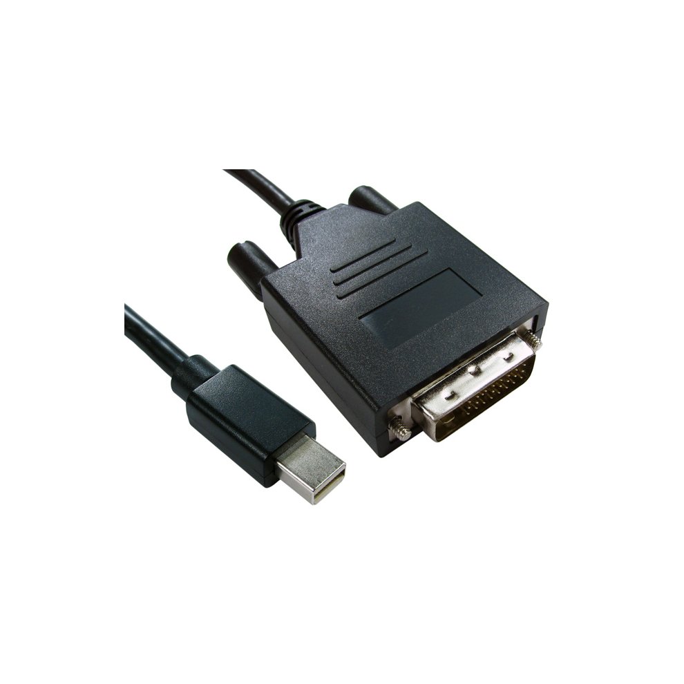 Black 2m Mini Display Port to DVI-D adapter cable featuring a compact Mini Display Port connector on one end and a DVI-D connector with a metallic finish on the other.