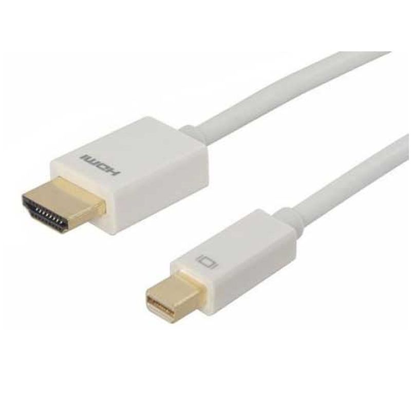 White 2-meter Mini DisplayPort to HDMI cable with male connectors on both ends, featuring a sleek design and clear labeling on the connectors.