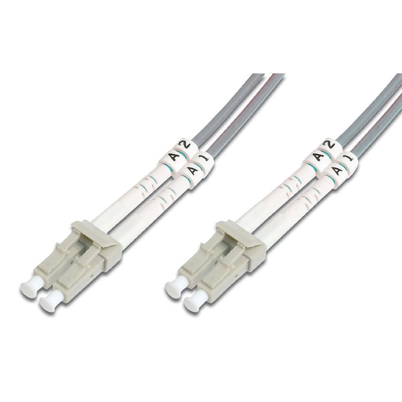Two 2-meter LC-LC duplex fibre optic cables with a 2.8mm diameter, featuring grey and white sheathing, and labeled connectors for easy identification.