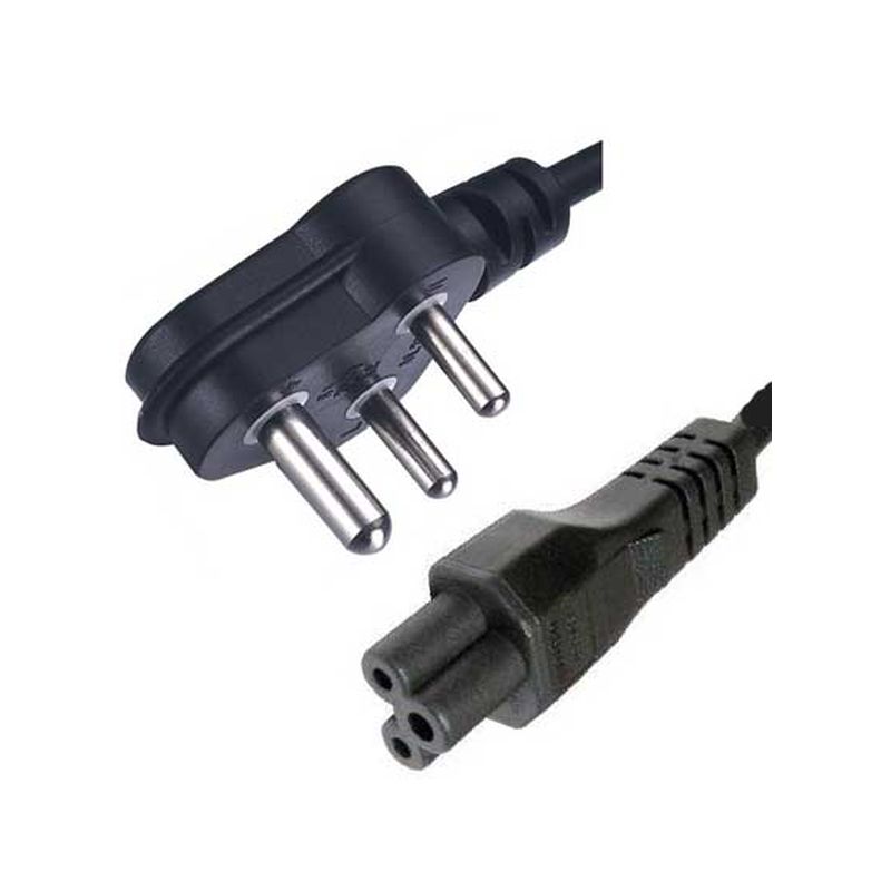 Black 2-meter cable featuring a South African/Indian mains plug with three metal prongs and a C5 cloverleaf connector, designed for electrical devices.