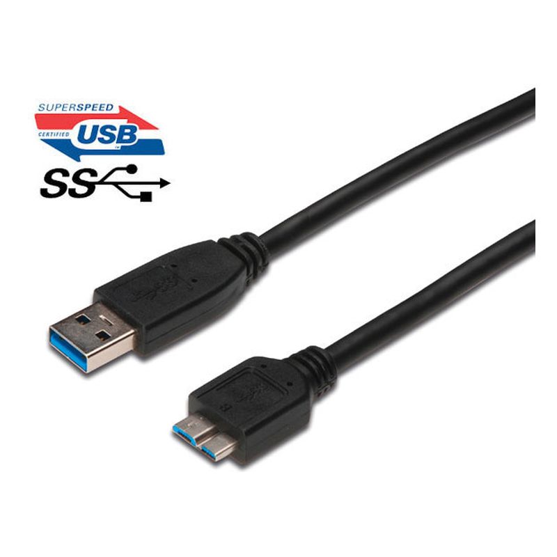 Black 2m USB 3.0 A to Micro B cable with blue connectors, featuring a SuperSpeed USB logo, designed for high-speed data transfer.