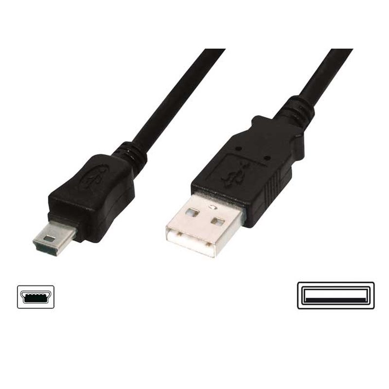 Black 2-meter USB A to 5-pin Mini USB 2.0 cable with a rectangular USB A connector and a square Mini USB connector, featuring durable plastic ends.