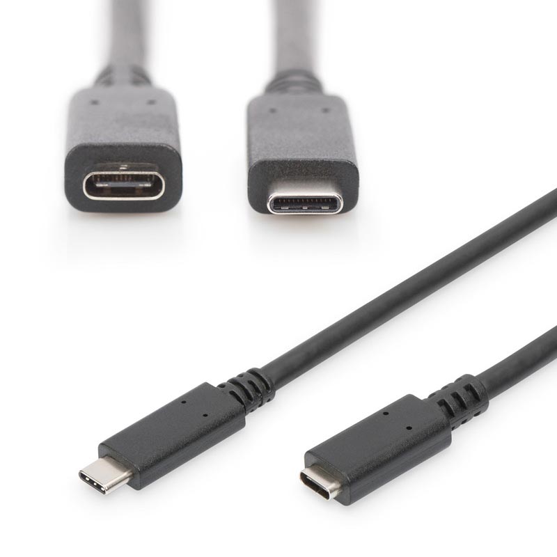 Black 2m USB-C Gen.2 extension cable with USB 3.2, featuring smooth connectors at both ends and a flexible, durable design for enhanced connectivity and performance.