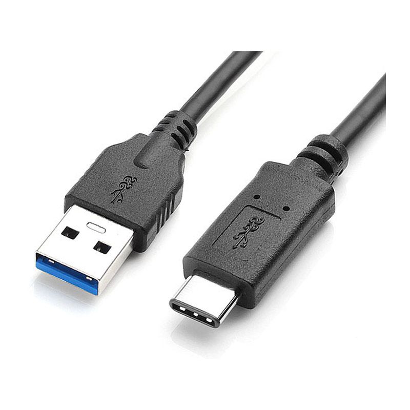 Black 2m USB-C to USB-A adaptor cable with a USB-A male connector on one end and a USB-C male connector on the other, featuring a durable plastic casing.