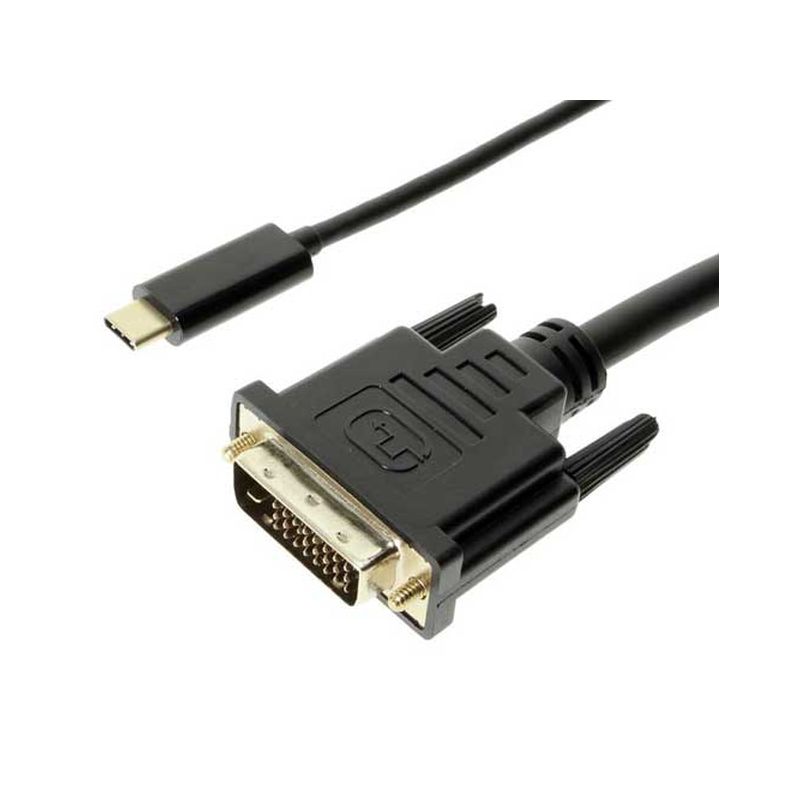 Black 2m USB Type C to DVI cable with a USB Type C connector on one end and a DVI connector with gold-plated pins on the other, featuring a sturdy plastic casing.