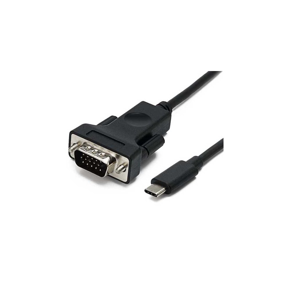 Black 2m USB Type C to VGA cable with a male Type C connector on one end and a male VGA connector with pins on the other, featuring a sturdy plastic casing.