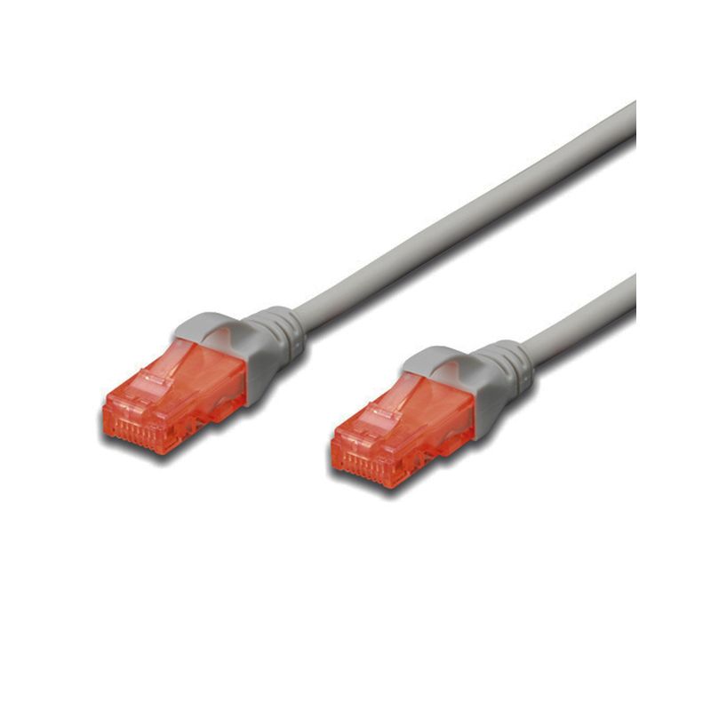 Grey Cat.6 UTP LSZH patch cable, 30 meters long, featuring transparent orange connectors on both ends for secure Ethernet connections.