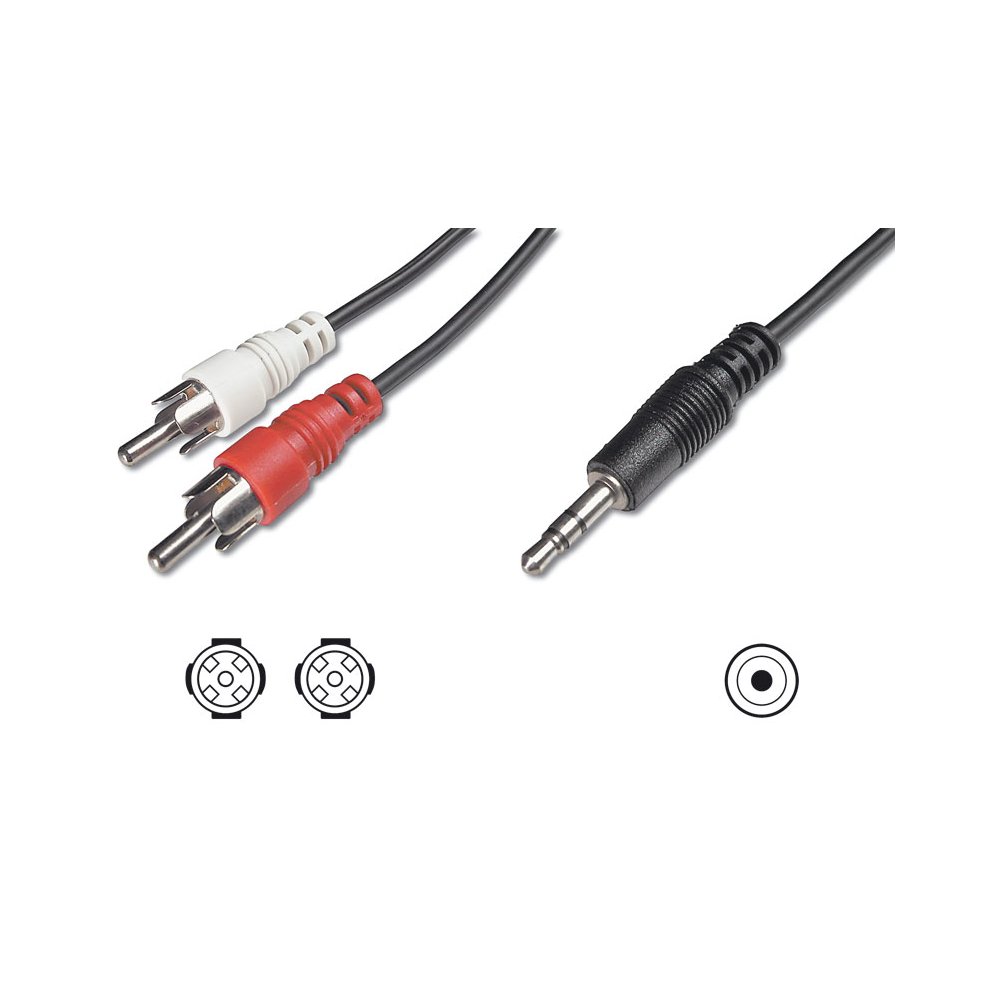 FDL 3M 3.5mm stereo jack with two phono plugs, featuring a black 3.5mm connector and red/white RCA plugs, all on a durable black cable.
