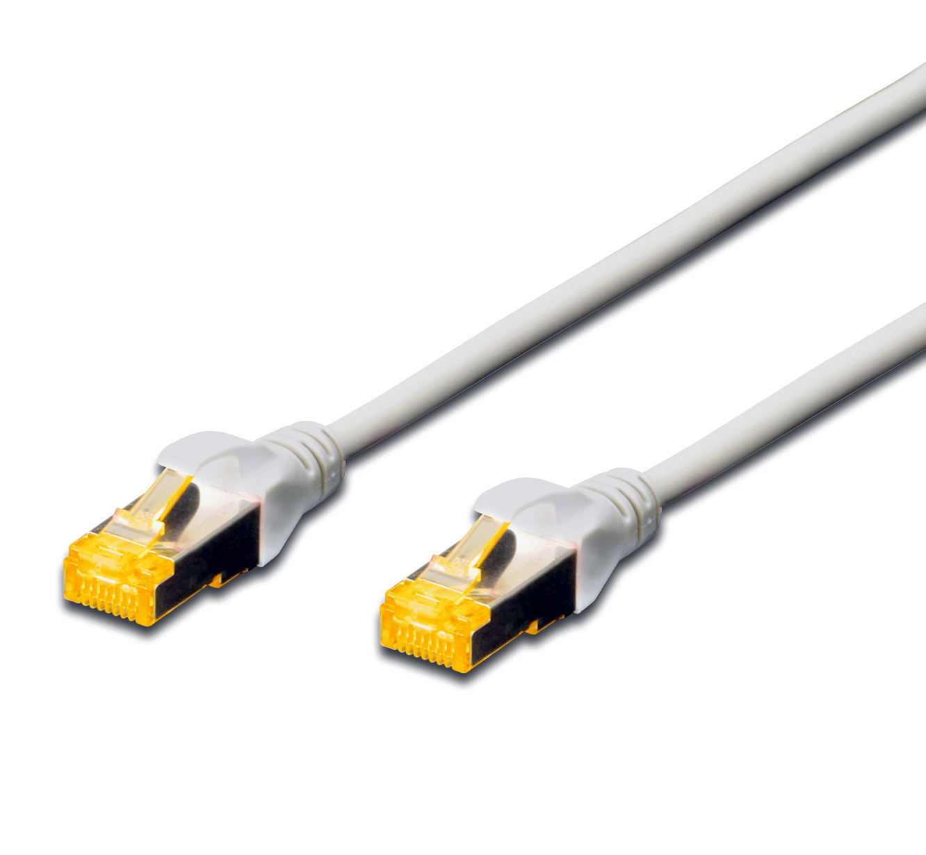 White 10Gb S-FTP LSZH patch cable with two yellow-tipped connectors, designed for high-speed networking and data transmission.