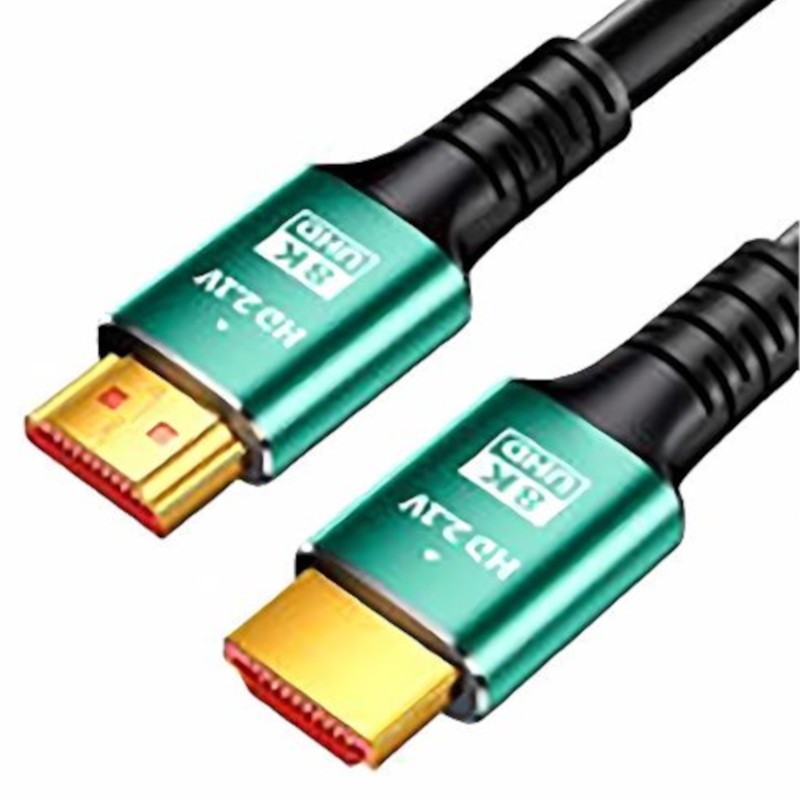 Premium 3m HDMI 2.1 cable with Ethernet, featuring durable black rubber casing and vibrant green connectors with gold-plated tips for enhanced connectivity.