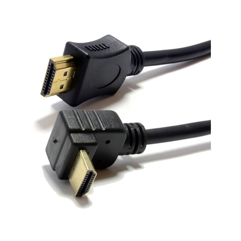 Black HDMI cable with one standard male connector and one right-angle male connector, featuring a sturdy plastic casing and gold-plated connectors for high-speed data transfer.