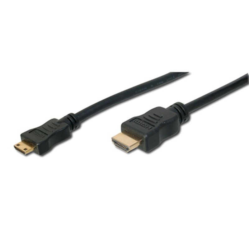 Black HDMI Mini-C to HDMI-A high-speed cable, featuring a gold-plated connector on one end and a standard HDMI connector on the other, designed for reliable data transfer.