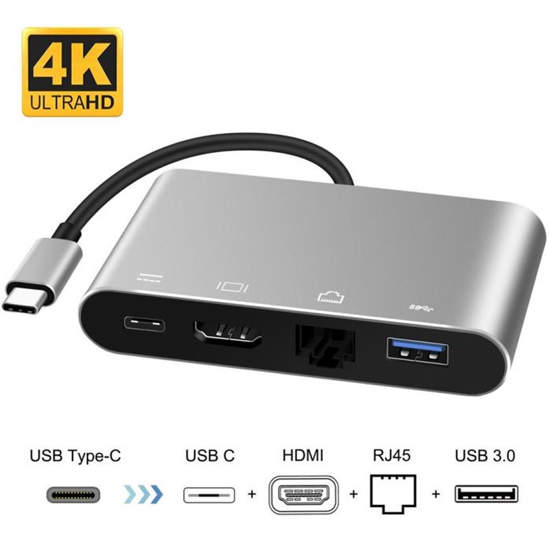 Silver aluminum hub with USB-C, HDMI, RJ45, and USB-A 3.0 ports; features a compact design and supports 4K Ultra HD output.