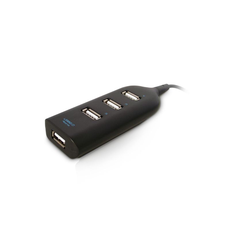 Black FDL 4 Port USB 2.0 Mini Hub with four USB ports, a smooth plastic finish, and a USB connector cable, designed for easy connectivity.
