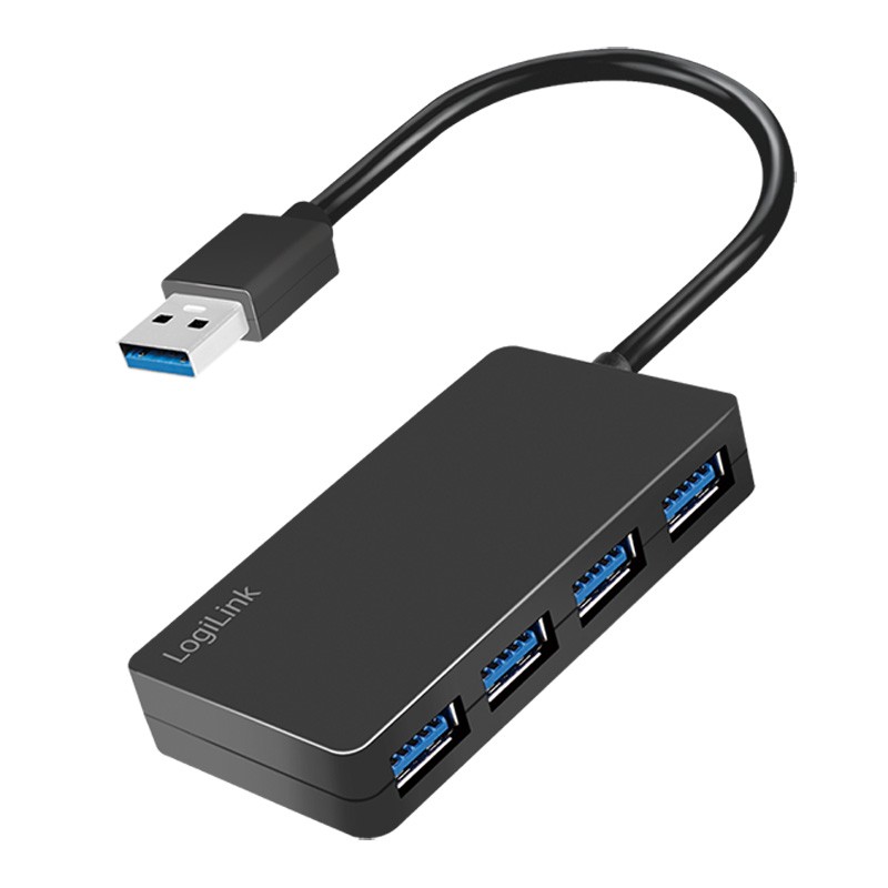 Black FDL 4 Port USB 3.0 hub with a compact design, featuring four blue USB ports and a short cable ending in a standard USB connector.