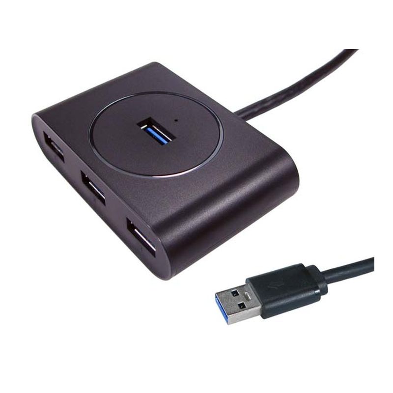 Compact black FDL 4-port USB 3.0 hub with a circular design, featuring one blue USB port and three additional standard USB ports, connected by a cable.