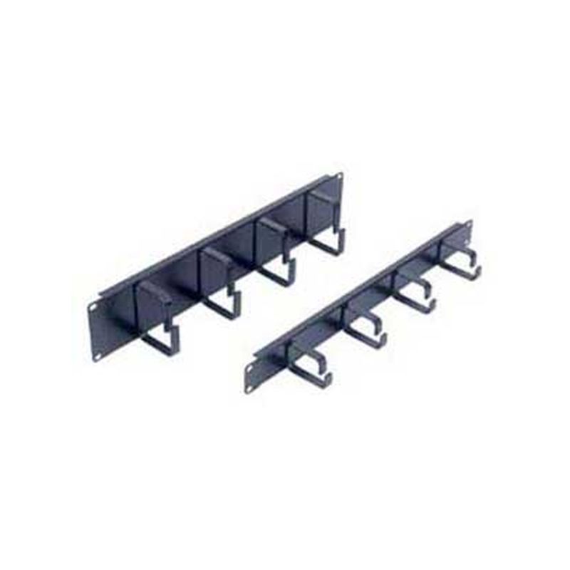 Black 1U cable management bar with four rings, designed for organizing cables, featuring a sturdy metal construction and a sleek, minimalist design.