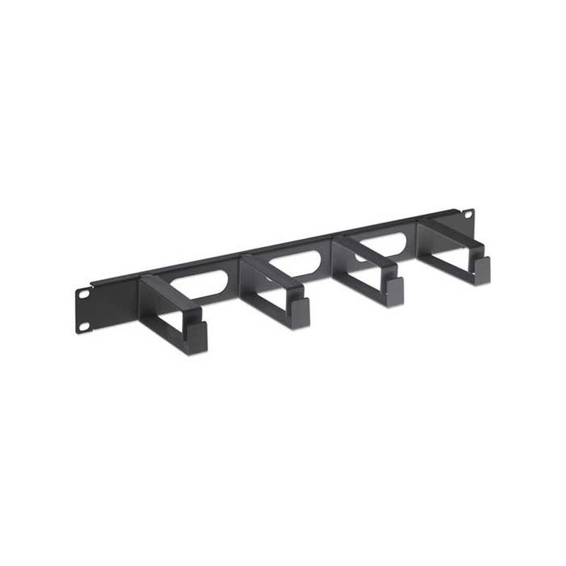 Black metal 19-inch cable manager featuring four rings and a brush strip for organized cable management, ideal for clean installations in racks or cabinets.