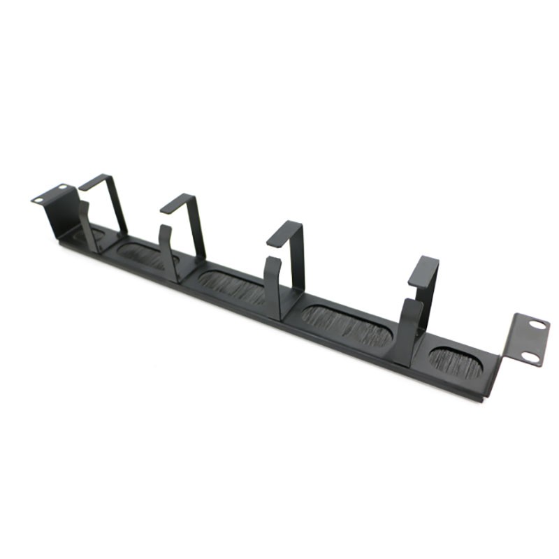 Black metal cable management bar with four rings and a brush strip for organizing cables, featuring mounting holes on each end for easy installation.