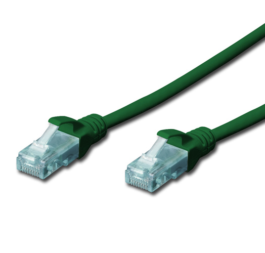 Green FDL 4M CAT.5e UTP patch cable with transparent connectors on both ends, designed for network connectivity.
