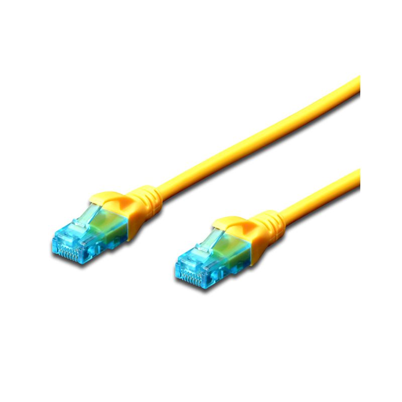 Yellow FDL 4M CAT.5e UTP patch cable with transparent blue connectors on both ends, designed for network connectivity.