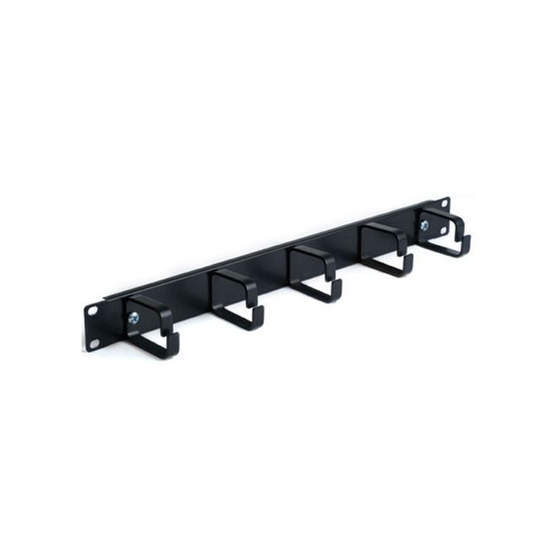 Black 1U cable management bar with five sturdy metal hooks for organizing cables, featuring a sleek design and durable finish for efficient workspace management.