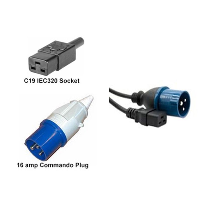 5m power cable featuring a blue 16 Amp Commando plug and a black C19 IEC320 socket, designed for heavy-duty electrical connections.